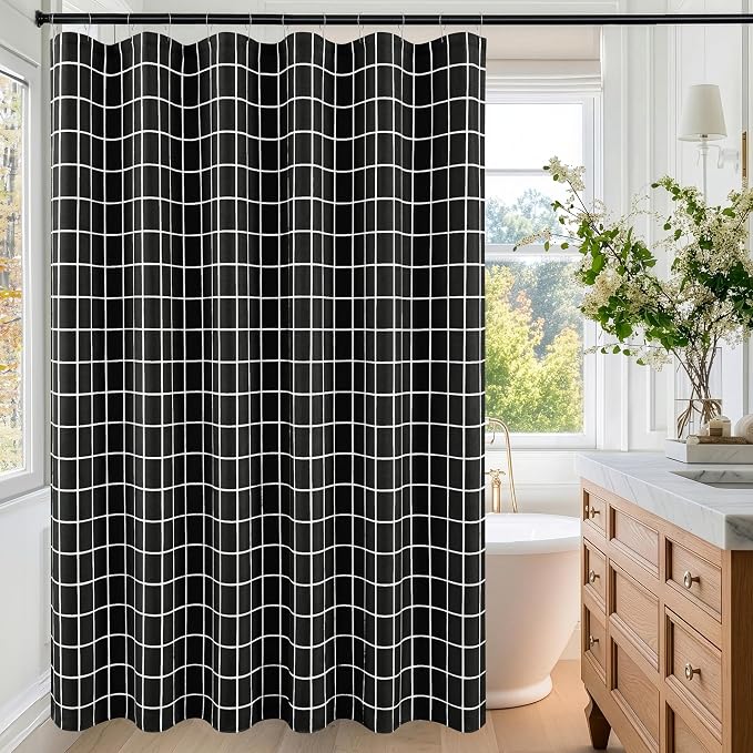 Biscaynebay Fabric Black Shower Curtain for Bathroom-Modern Farmhouse Faux Linen Textured Grid Plaid Shower Curtains, Minimalist Simple Geometric Neutral Decor Machine Washable-70x72 Inches