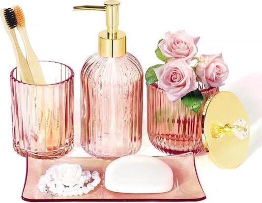 Designer Pink Glass Bathroom Accessories Sets - 4 Pcs with Lotion Soap Dispenser, Bathroom Toothbrush Holder, Vanity Tray, and Apothecary Jar, Vintage Bathroom Decor