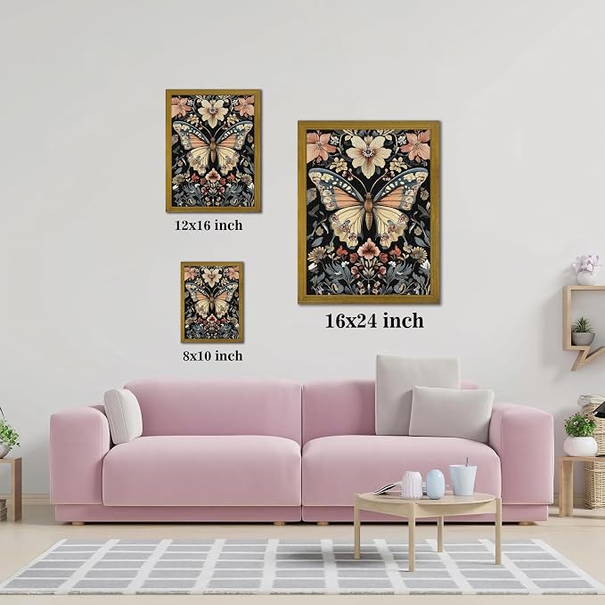 Hand Drawn Sandstone Nature Floral Wall Art, Framed Vintage 3D Textured Butterfly Wall Decor, Gothic Style Flower Insect Print Painting for Living Room Bedroom Home Decor 12x16 inch