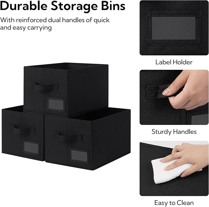 GRANNY SAYS Closet Storage Bins with Label, Black, Medium, 3-Pack | Foldable Storage Baskets, Fabric Storage Baskets for Clothes, Collapsible Storage Boxes with Handles