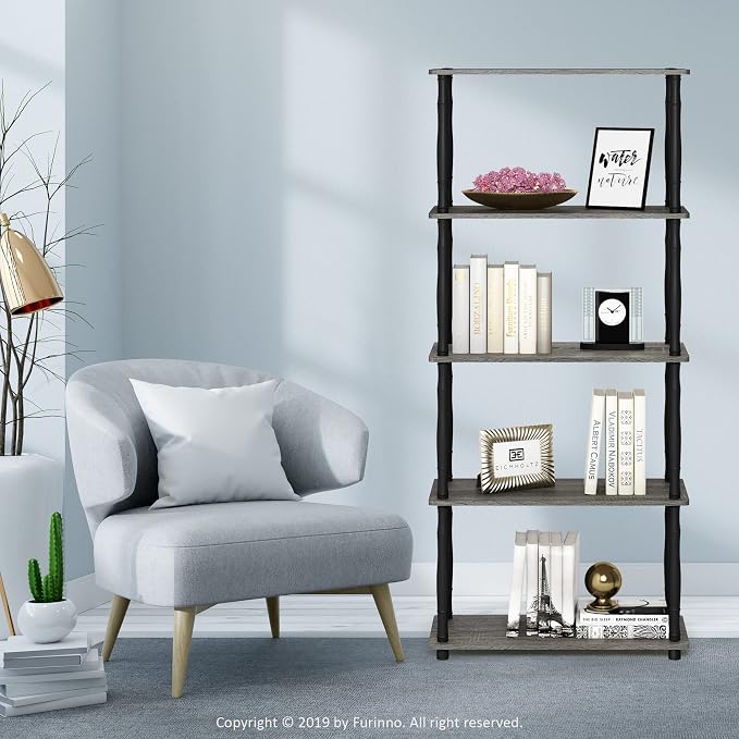 Furinno TURN-S-TUBE Storage Shelves, 5-Tier Book Shelf, Corner Shelf, Toolless Open Shelves, Classic Tubes, for Organization and Storage, Living Room, Garage, Home Office, French Oak
