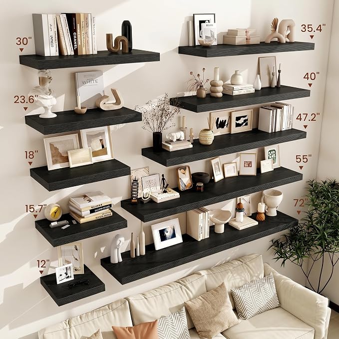 Vivelove Floating Shelves for Wall 18x12” Set of 2, Black | Easy Install With Hardware, 2" Thick, Invisible Brackets, Wall Mounted, No Sagging, For Any Room
