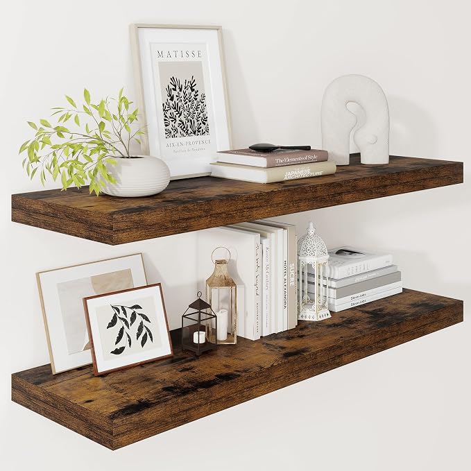 Vivelove Deep Floating Shelves 36x12” Set of 2, Rustic Brown | Easy Install With Hardware, 2" Thick, Invisible Brackets, Wall Mounted, No Sagging, For Any Room