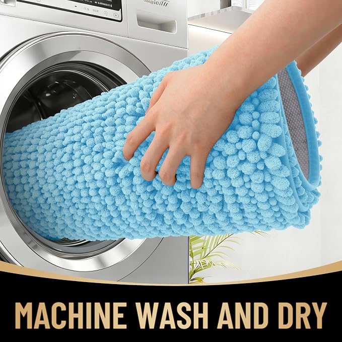 OLANLY Thick Chenille Absorbent Bathroom Rugs Mat 30x20, Sky Blue | Soft Bath Rugs, Rubber Backing, Machine Wash Dry, Bath Mats for Bathroom, Tub and Shower, Home Decor Accessories