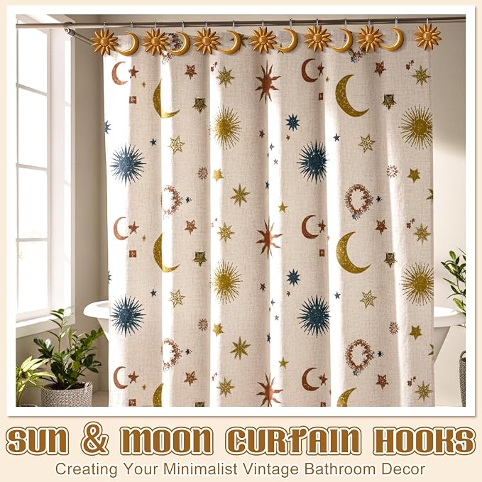 Yaocom 12 Pcs Gold Sun Moon Celestial Shower Curtain Hooks Rustproof | Boho Decorative Shower Hangers Bulk Vintage Glide Curtain Rings for Bathroom Bedroom Living Room Minimalist Decor