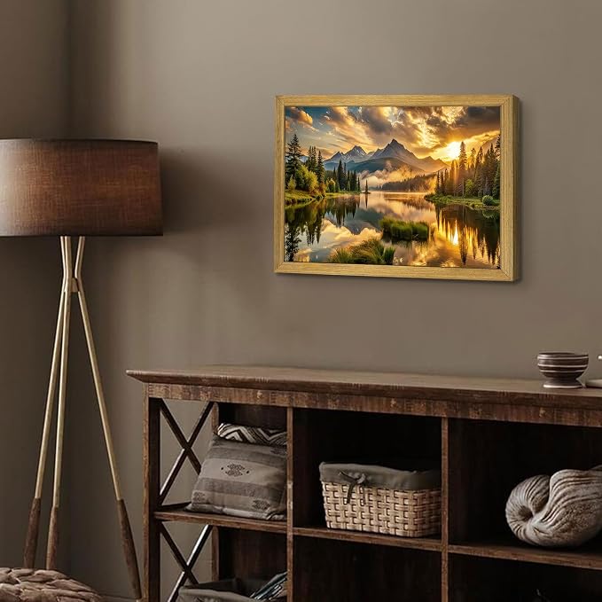 Framed Canvas Wall Art 12x16 Inch, Vintage Landscape Wall Art Decor, Countryside Farmhouse Sunset Landscape Wall Decor, Retro Mountain Vintage Painting Prints for Living Room Bedroom Home Bathroom Decor