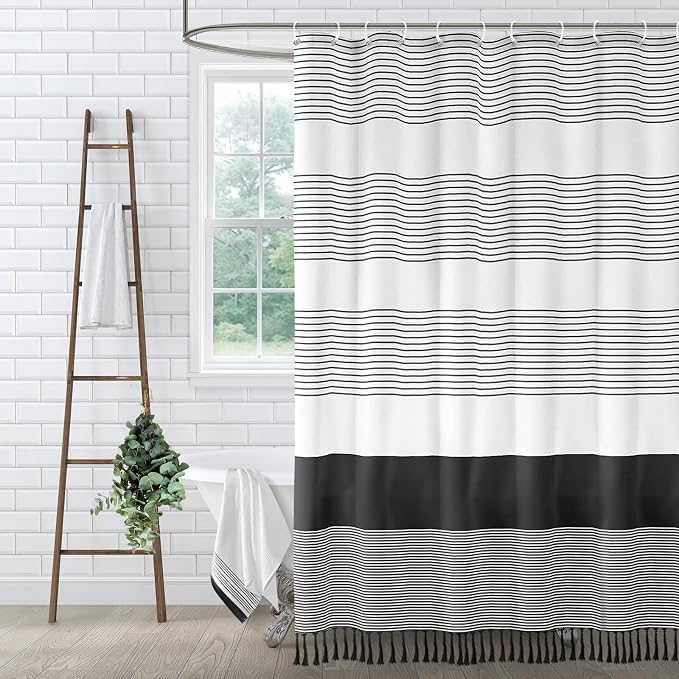 Black Boho Cotton Striped Shower Curtain with Tassel 72" W X 72" L | Boho Farmhouse Shower Curtains for Bathroom with Soft Cotton Feel