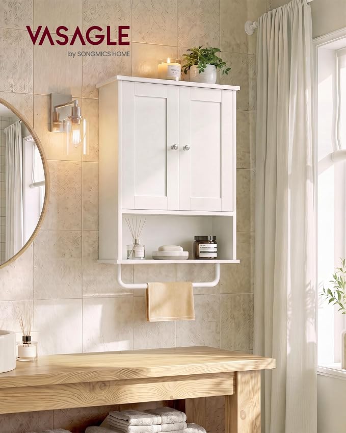 VASAGLE Siren Collection Bathroom Wall Cabinet, Hanging Storage | Bathroom storage cabinet, towel rod, farmhouse, adjustable shelf, doors, 7.9 x 17.7 x 23.6 Inches, UBBK148WB01S
