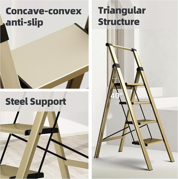 HillhutApex Aluminum 4 Step Ladder, Step Stool Foldable Ladder(Gold) | Stepladder with Handgrip,Anti-Slip Pedals,330lbs Capacity,Lightweight Folding Ladder for Home,Office,Libaray