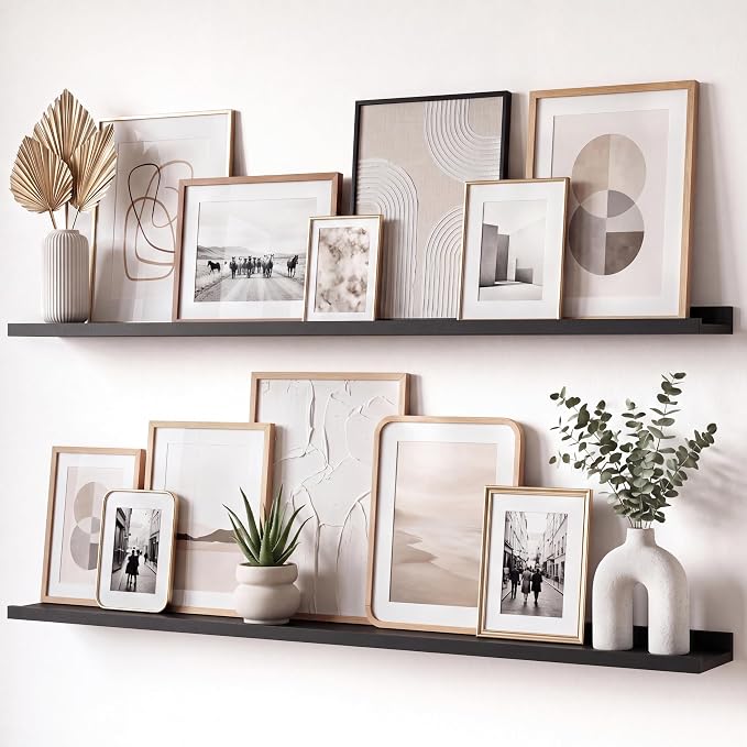 Black Picture Ledge Shelves for Wall, 4.5" Deep Wood Floating Shelves with Lip for Bedroom, Living Room, 48" Width, Color Black Set of 2