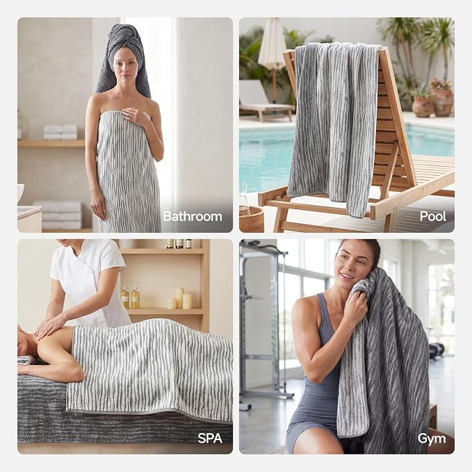 REDKISS 2 Pack Gray Bath Towels Set, 100% Cotton Double-Sided Design | Ultra Soft, Super Absorbent, Quick Dry Bathroom Towels for Bathroom, Gym, Spa, Pool, Hotel & Family Use, 29 x 59 Inches