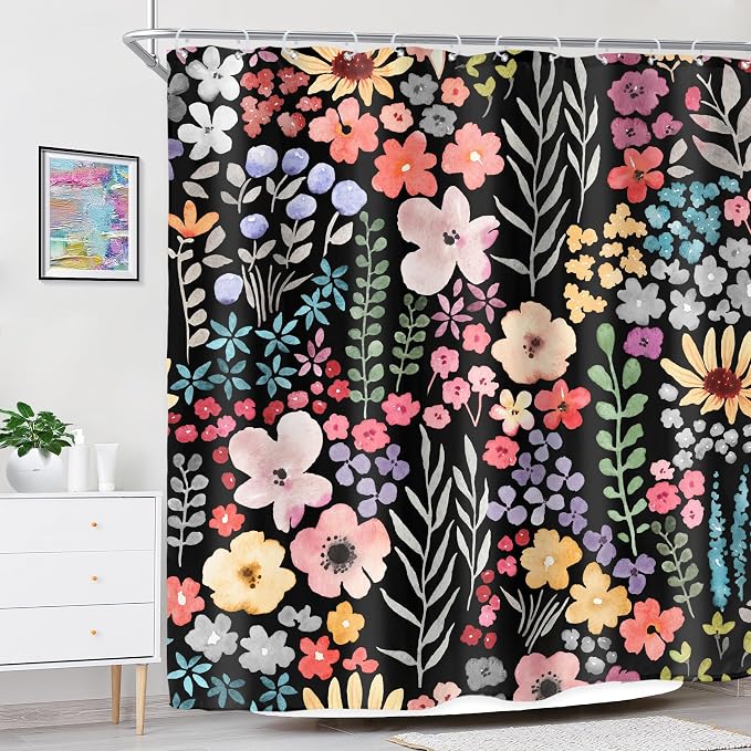 Black Dark Floral Flowers Watercolor Plants Art Bathroom Shower Curtain Set | 72"W x 72"H Leaves Botanical; waterproof HD print, quick-dry fabric with 12 hooks for easy hanging.