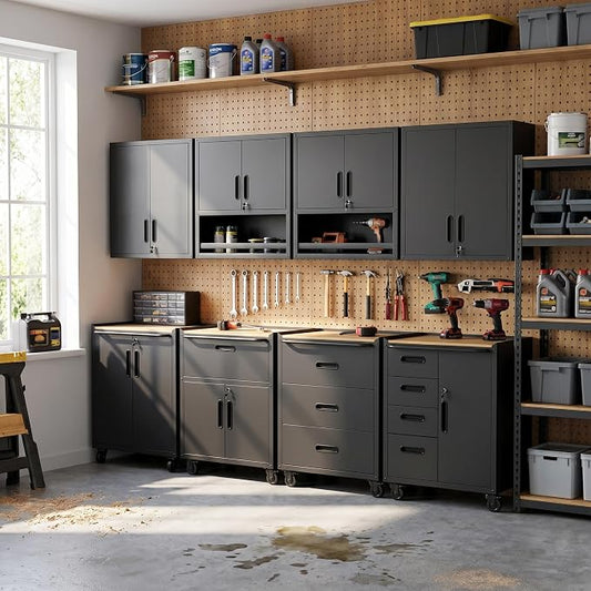 Garage Storage Cabinet System,Wall Cabinet & Locking Rolling Tool Cabinet with Doors and Adjustable Shelves