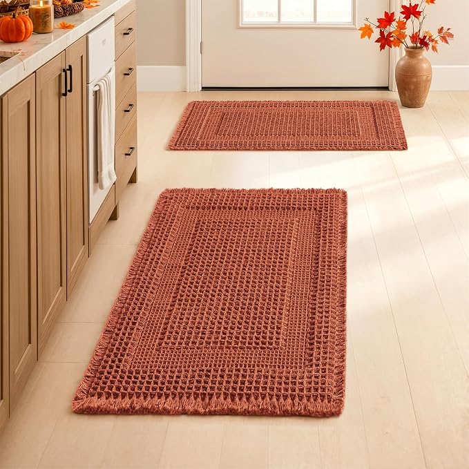 MIULEE Fall Orange Set of 2 Waffle Bathroom Rugs Boho Bath Mat 17x24 in | Looped Design, Super Absorbent, Non Slip, Washable, Ultra Soft, Rubber Backed, Bathroom Mats for Floor Tub Shower, Fall decor