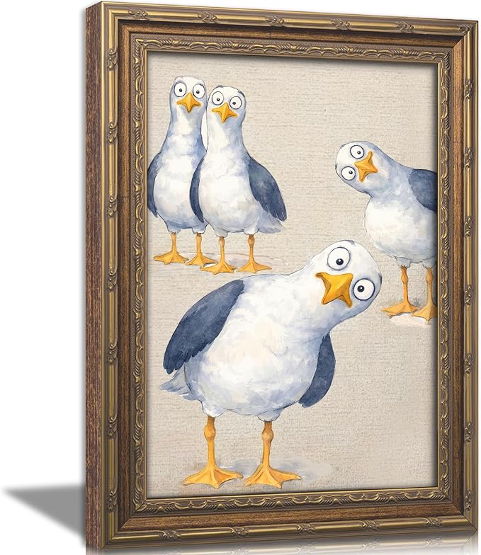 Vintage Gold Framed Funny Seagull Wall Art, Watercolor Cartoon Bird Canvas Print, Whimsical Coastal Wall Decor, Retro Style Funny Bird Poster Artwork,for Bathroom Bedroom Living Room,12x16in