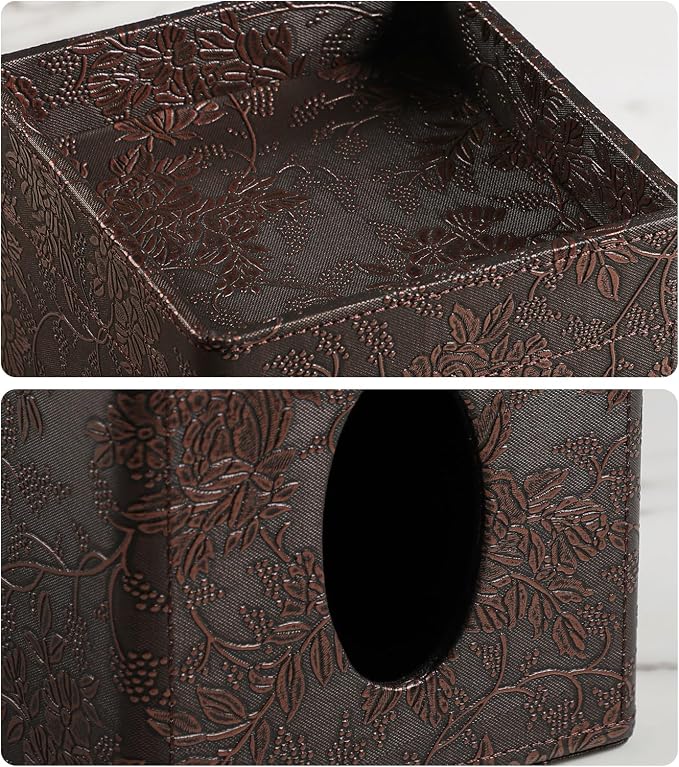 Square Tissue Box Cover, Stylish Leather Tissue Box Holder with Magnetic Bottom, Used As A Decorative Tissue Holder for Living Rooms, (Beige Woven Pattern) (Two-Layer Brown Grape Pattern)
