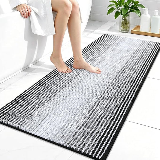 OLANLY Bathroom Runner Rugs 44x24, Soft Chenille Striped Bath Rugs, Black | Extra Absorbent, Rubber Backing, Machine Wash Dry, Bath Mats for Bathroom Floor, Tub and Shower, Home Decor Accessories