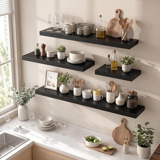 12 Deep Floating Shelves for wall,55 Inch Extra Long Large Wall Shelves Set of 2,2 Inch Thick Heavy Duty Floating Wall Mounted Shelves,Floating Shelf for Fireplace Mantel,Black