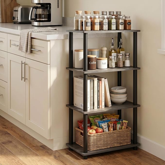 Furinno Turn-N-Tube No Tool 4-Tier Storage Shelf, Narrow, French Oak Grey/Black