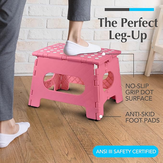 Handy Laundry Folding Step Stool 9 Inch, Pink, Non-Slip Holds 300 lbs | 9 Inch, Pink, Foldable Collapsible Step Stool, Non-Slip, Holds 300 lbs, Kitchen Bathroom Bedroom, Adults