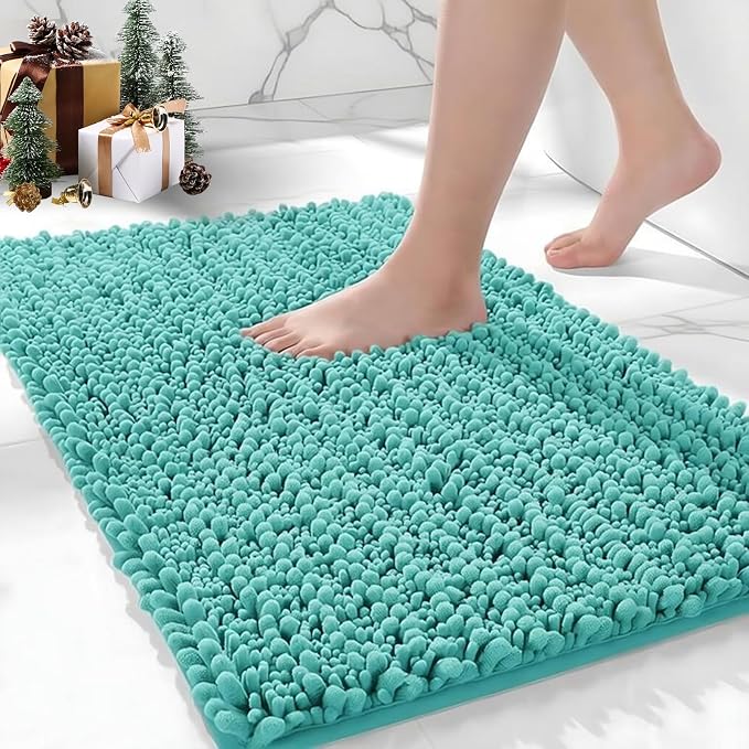 Bathroom Rugs Non Slip Washable, Extra Thick Soft Chenille Absorbent Bath Mat, High Density Barrier Non Slip Backing, Quick Dry Plush Shaggy Floor Carpet for Tub&Shower 24x17, TealBlue