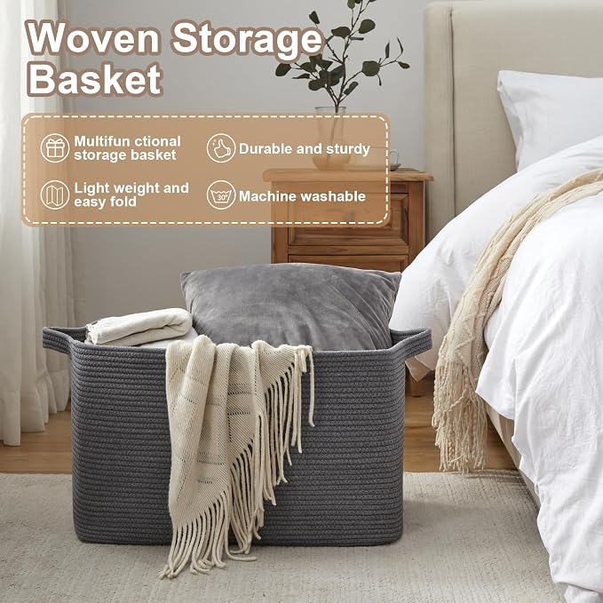 OIASKET 95L Large Blanket Basket, Blanket Storage Living Room, Rectangle Woven Baskets for Storage Toys, Towels, Dirty Clothes Organizer Bins (Dark Grey)