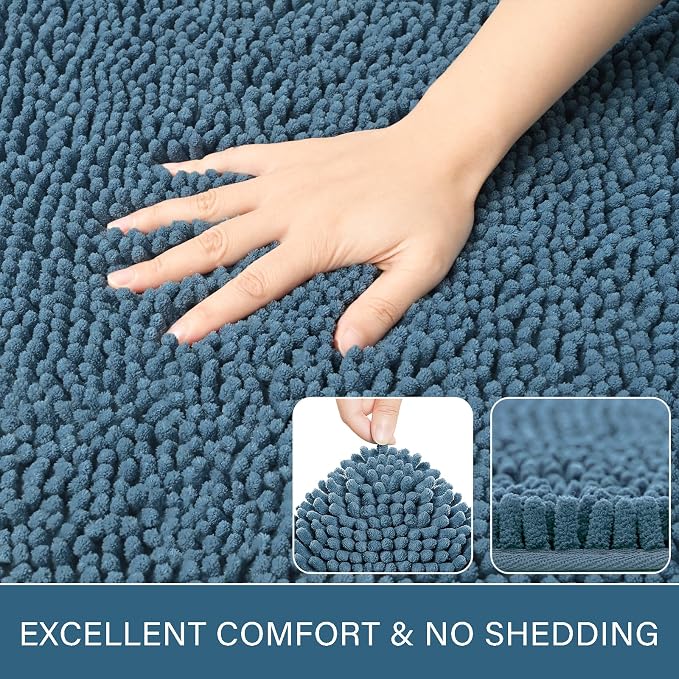 LOCHAS Luxury Bathroom Rug Shaggy Bath Mat 20 x 30 Inch, Denim Blue | Washable Non Slip Bath Rugs for Bathroom Shower, Soft Plush Chenille Absorbent Carpets