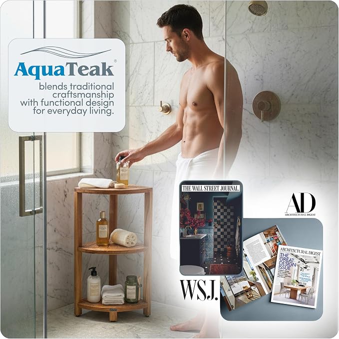 AquaTeak Kai-Petite 12" Teak Corner Shelf Stand, 3 Tier Shower Stand | Space-Saving Design, Durable Water-Resistant Teak, Anti-Slip Feet