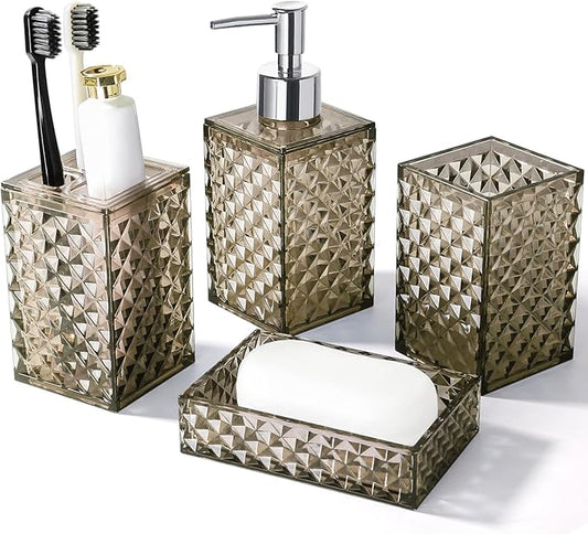 RYTOXILO Brown Bathroom Accessories Set, 4 Pack Acrylic Bath Accessory Sets Complete, Diamond Soap Dispenser and Toothbrush Holder Bathroom Counter Sink Set, Boho Modern Bathroom Decor