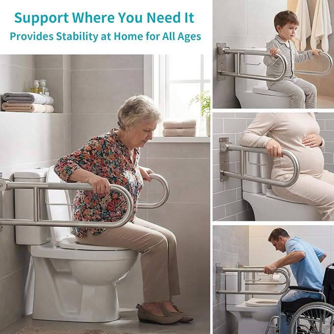 30'' Flip-Up Toliet Grab Bar with Paper Holder, Anti-Slip Knurled Grip | Stainless Steel U-shaped Wall Mounted Toilet Safety Rail, Designed for Seniors, Disabled & Post-surgery Bathroom Assistance