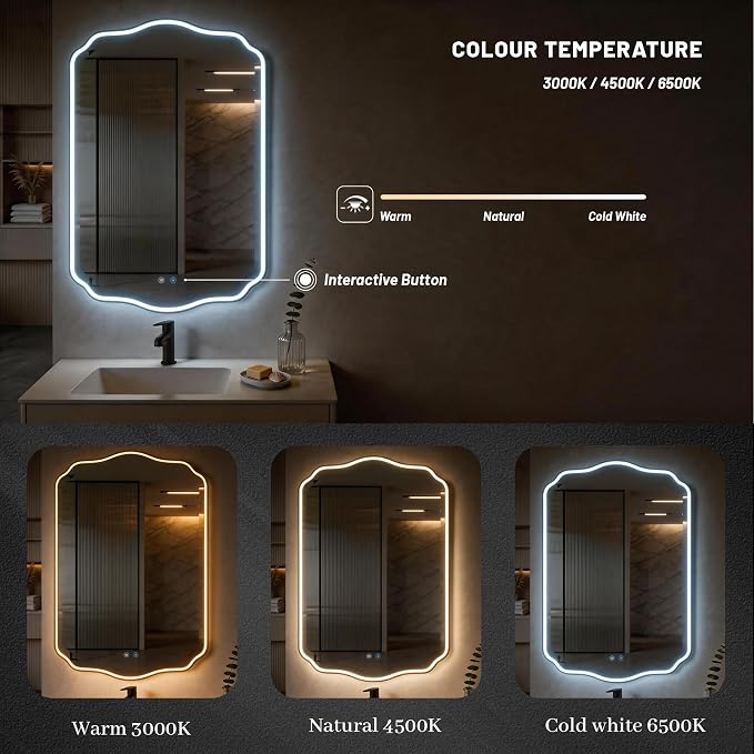 POZINO 36"x24" Scalloped LED Bathroom Mirror with Lights, Black Metal Frame | Beveled Edge, 3 Color Dimmable, Anti-Fog, Memory Function, IP65 Waterproof, Smart Bathroom Vanity Mirror with Front Lights