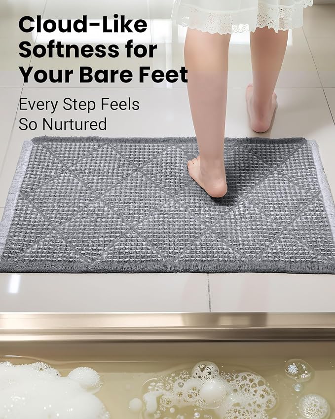 Waffle Bath Mat Set, Non Slip Bathroom Rugs 2 Piece, Gray & Light Gray | Ultra Absorbent Long Bath Rug Runner for Bathroom Boho Chic Decor, Machine Washable Floor Mats, 20"×47" Plus 18"×30"