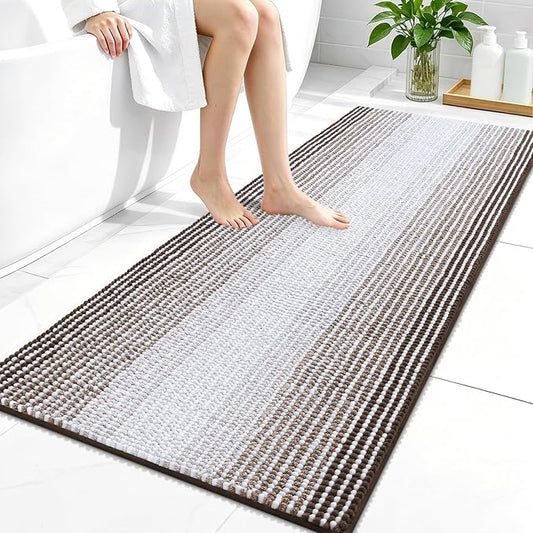 OLANLY Bathroom Runner Rugs 44x24, Soft Chenille Striped Bath Rugs, Brown | Extra Absorbent, Rubber Backing, Machine Wash Dry, Bath Mats for Bathroom Floor, Tub and Shower, Home Decor Accessories