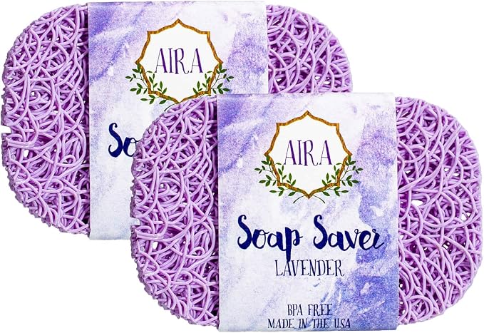 Aira Soap Saver & Holder - BPA Free Shower & Bath Holder - Extends Soap Life, Drains Water & Circulates Air - Easy to Clean, Fits All Soap Dish Sets - Lavender 2 Pack