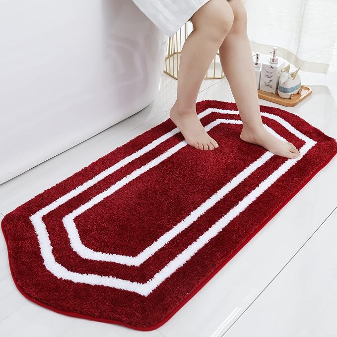 COSY HOMEER Non-Slip Bath Mat Extra Thick Absorbent Plush Washable | 24"x48" White/Red Non-Slip Extra Thick Plush Absorbent Machine Washable Bath Mat Bathroom Rug Floor Tub Shower