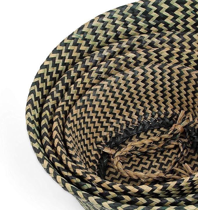 Woven Seagrass Belly Basket for Storage, Plants, Laundry, Picnic and Groceries (Medium, Black Strips)