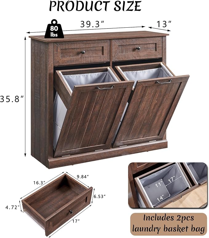 IFBUY Double Tilt Out Laundry Hamper Cabinet, Trash Cabinet, Brown | 20 Gallon Farmhouse Trash Cabinet w/Drawers, Hidden Wood Garbage Can Cabinets w/Laundry Storage Basket for Bathroom, Kitchen