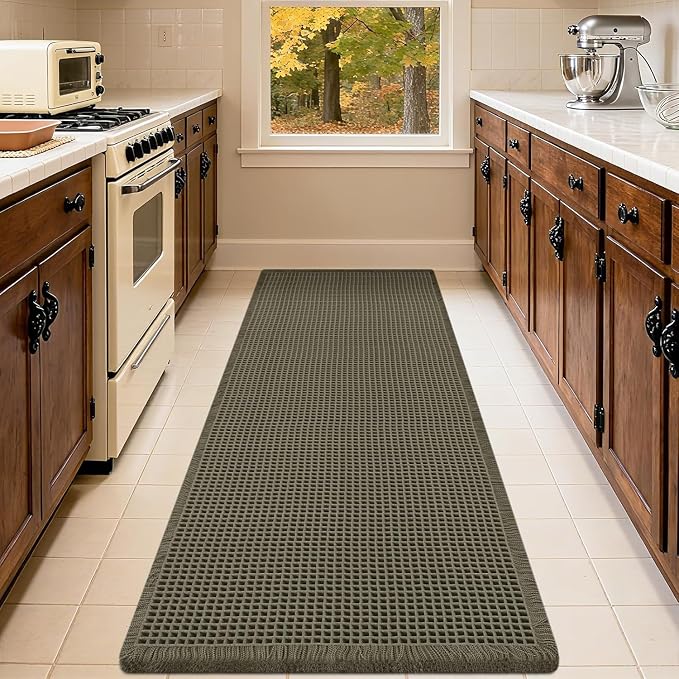 Waffle Runner Rug Olive Green 6'x2', Boho Woven Modern Bath Mat Rugs, Absorbent Non Slip Bathroom Rugs, Soft Washable Bath Rugs with Tassels for Bathroom, Bedroom, Kitchen, Shower, Tub