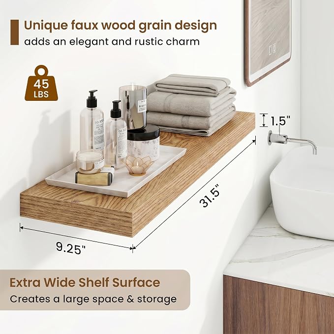 9.25in Depth 32in Floating Shelves, 32x9.25x1.4, Light Brown, Set of 2 | Wall Mounted Engineered Wood Shelves, Invisible Brackets for Living Room, Bedroom, Bathroom, Kitchen Decor and Storage