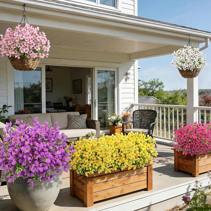 16 Pcs Multicolor Artificial Flowers for Outdoors Decorations | Realistic, silk flowers, faux plastic plants, UV resistant, for summer garden porch window vase indoor outdoor home decor
