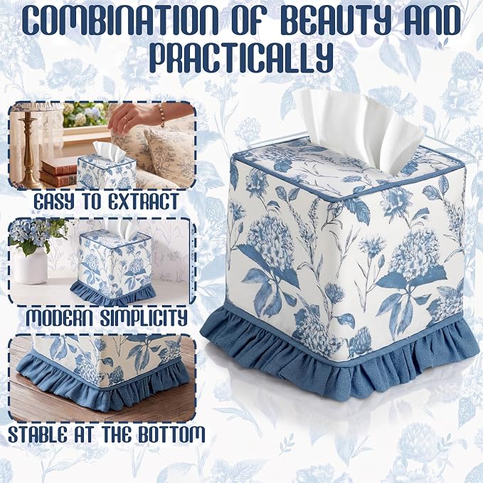 Blue Fabric Ruffle Tissue Box Cover Floral Print Cotton Tissue Box Decorative Square Napkin Holder Vintage Cottagecore Home Decor for Bathroom Bedroom Vanity Countertop Home Office Kitchen