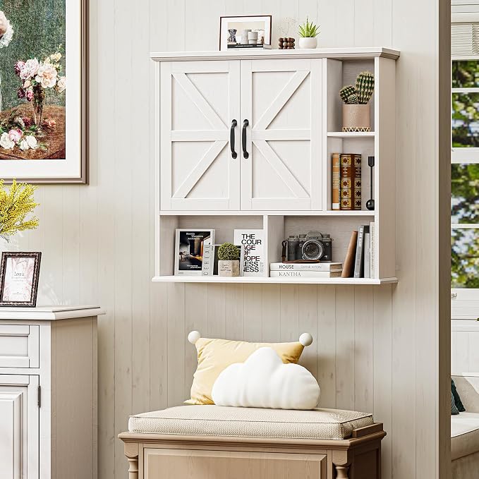 Bathroom Wall Cabinet, Farmhouse Medicine Cabinet with Doors, Rustic White | Over The Toilet Storage Cabinet with Double Barn Door and Adjustable Wood Shelf for Wall Mounted for Bathroom Laundry Kitchen