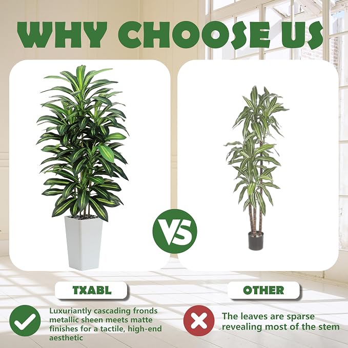Artificial Dracaena Tree Indoor, 5FT Tall Fake Floor Plants with White Planter, Faux Silk Yucca Tree for Home Office Living Room Bedroom Farmhouse Modern Outdoor Topiary Tree
