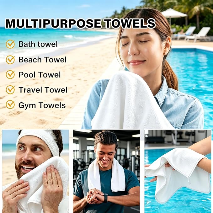 White Dual-Sided Microfiber Bath Towel, 2 Pack 48"x24" Ultra Absorbent Quick Dry Pool Towel, Exfoliating Body Cloth for Dead Skin & Sunscreen Removal, Lint-Free Reusable Shower Towel for Pool, Beach