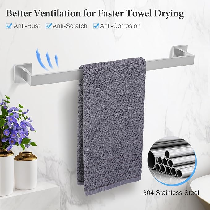 TURS Bathroom Hardware Set Brushed Nickel 4-Piece Towel Bar Set Include 24 Inch Towel Bar Towel Ring Towel Hook Toilet Paper Holder with Shelf Wall Mounted.