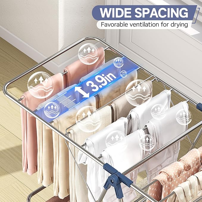 Large Stainless Steel Clothes Drying Rack with 4 Wings | Drying Rack Clothing with Height-Adjustable, Foldable Gullwings, Indoor Outdoor Use, No Assembly, Regular Blue