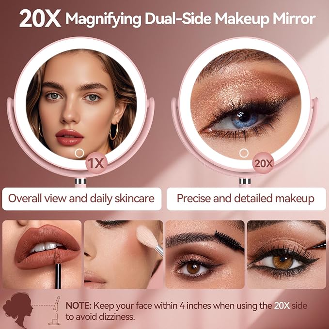 20X Magnifying Mirror with Lights and Storage, Double Sided Vanity Mirror | Rechargeable Makeup Mirror, 3 Color Lighting, Fast Charge and Long-lasting Work, Height Adjustable, Memory Function, Pink