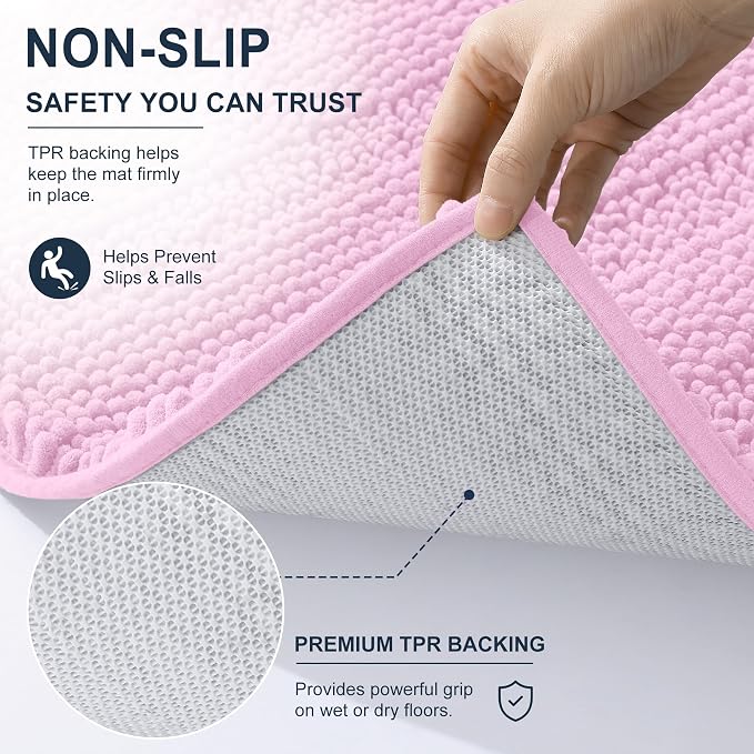 Smiry Thick Chenille Bathroom Runner Rugs 44x24, Absorbent Bath Mat, Pink | Quick‑Dry & Machine Washable, Non‑Slip Bath Carpet, Soft Striped Bath Rugs for Tub & Shower, Modern Home Decor Accessories