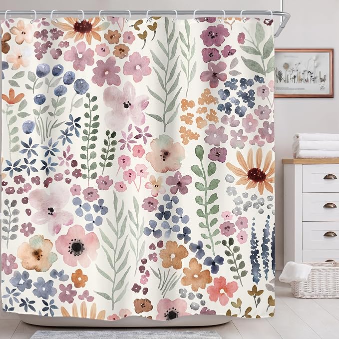 Extra Long Cute Boho Wildflower Watercolor Kids Bathroom Shower Curtain Set | 72"W x 84"H Leaves Girls; waterproof HD print, quick-dry fabric with 12 hooks for easy hanging.