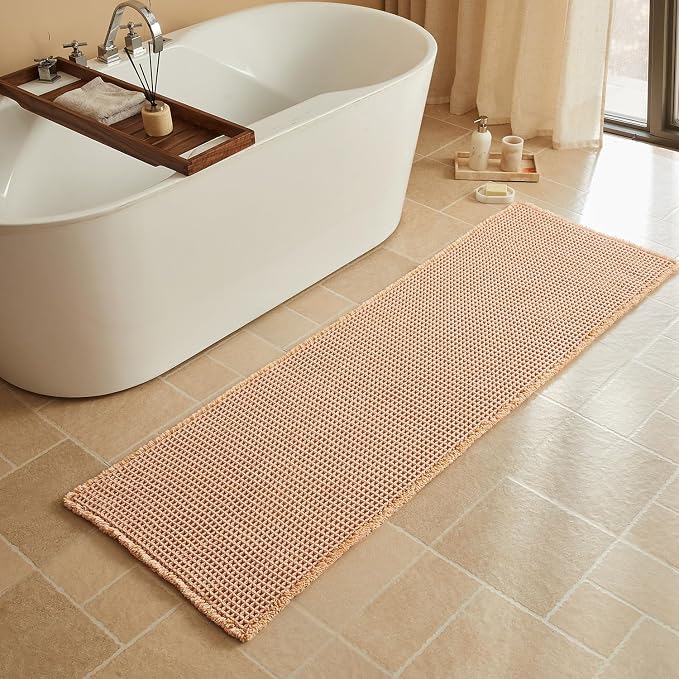 Triohero Waffle Runner Bath Mat - Long Bathroom Rugs Non Slip Washable, Ultra Soft Super Absorbent Quick Dry Boho Farmhouse Bathroom Decor, 24" x 72", Light Peachy